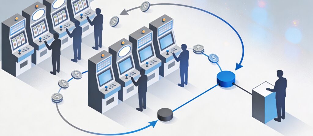 Minimalist horizontal infographic of a gaming machine salon showing players, slot machines, and abstract financial flows of bets, winnings, and taxes, all without text or numbers.