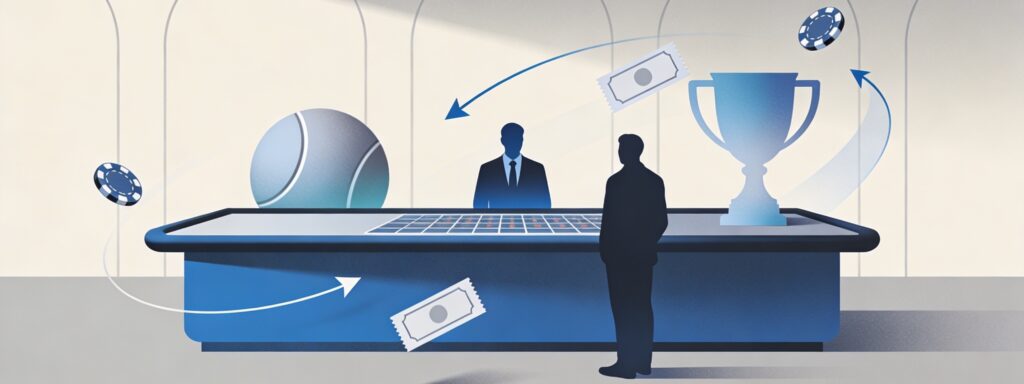 Minimalist horizontal scene of a land‑based sportsbook with a sleek betting counter, abstract sports shapes, subtle transaction chips and arrows