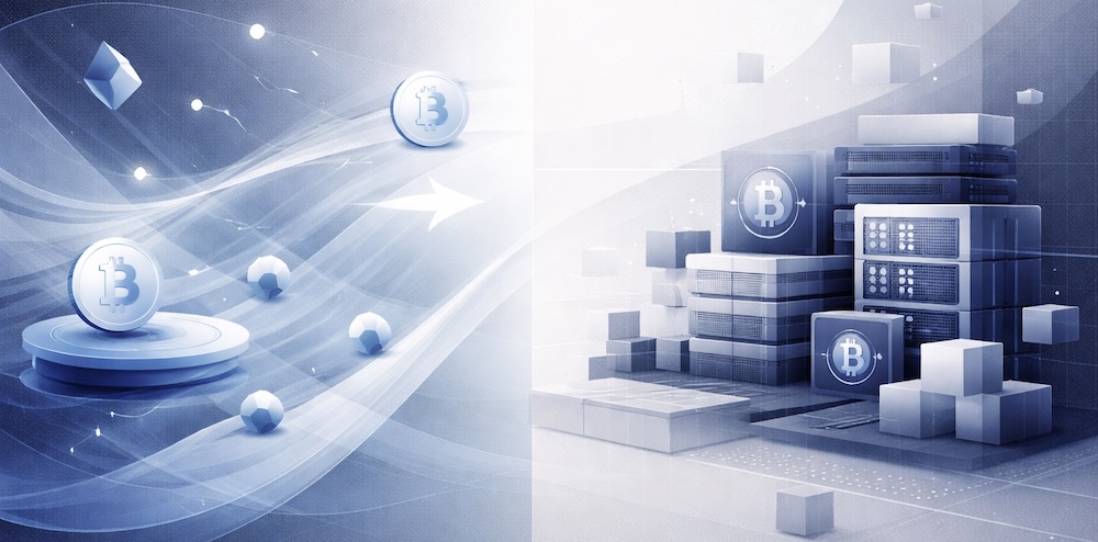 Minimalist split illustration showing abstract crypto exchange flows on the left and structured mining infrastructure on the right, representing non-taxable trading versus VAT-regulated mining.
