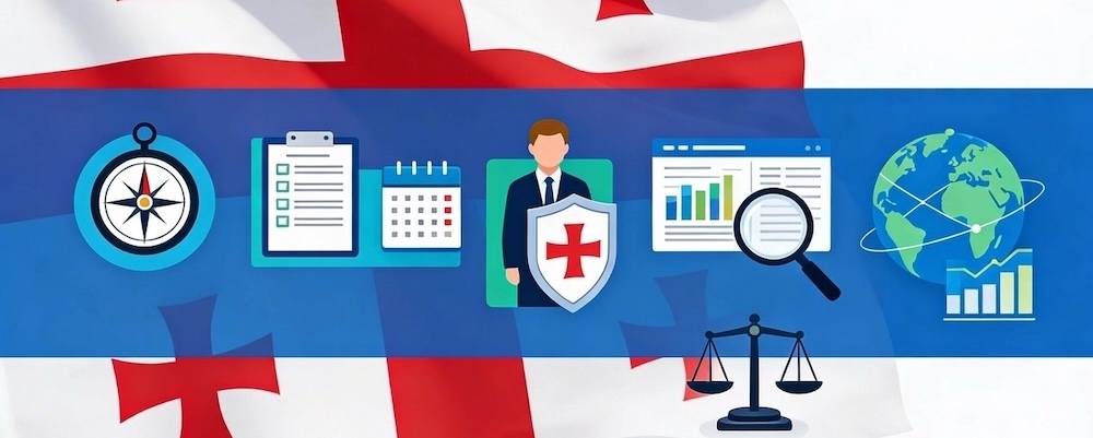 Professional graphic depicting Georgia tax services through icons like a flag, compass, checklist, shield, magnifying glass, scales, globe, and graphs