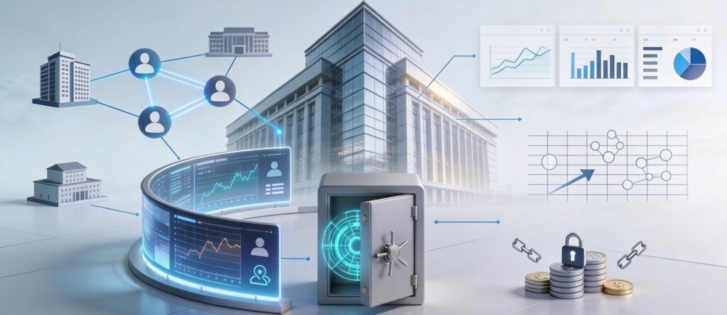 Professional illustration of regulated VASP fintech ecosystem with oversight