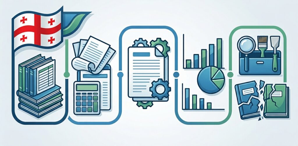 Professional graphic depicting Georgia accounting services icons: Georgian flag, organized ledgers, calculator with documents, policy gears, financial charts
