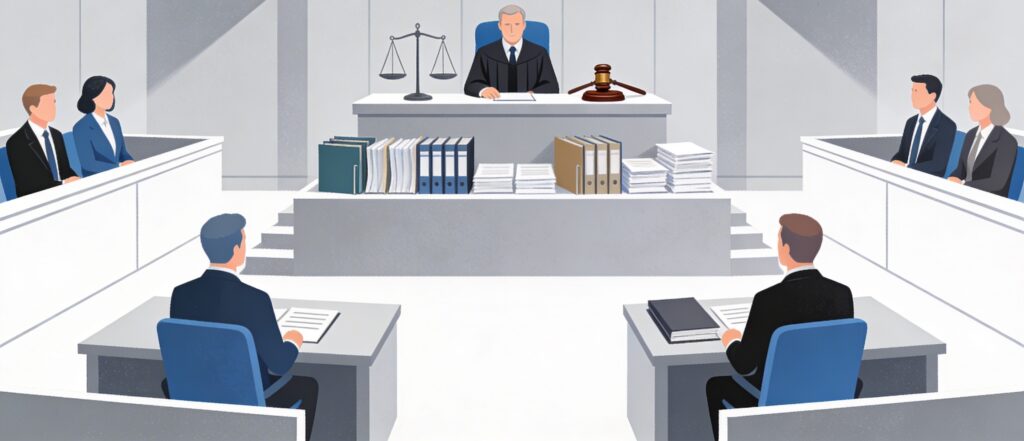Minimalist courtroom illustration: judge's bench, scales, gavel, documents, and figures in neutral blue-gray tones.