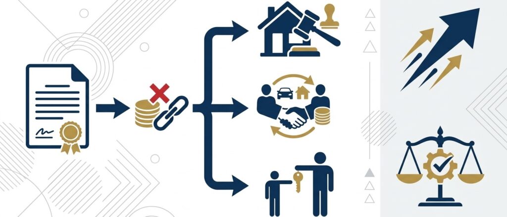 Diagram showing extrajudicial enforcement process in Georgian law: contract to default, branching to notary sale, third-party sale, and ownership transfer icons with speed and compliance symbols. 