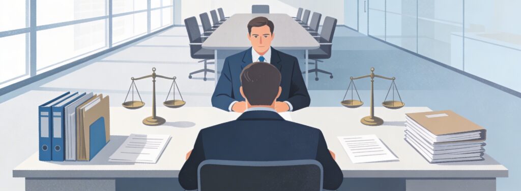 Formal tax dispute illustration: office review with scales, folders, and figures.