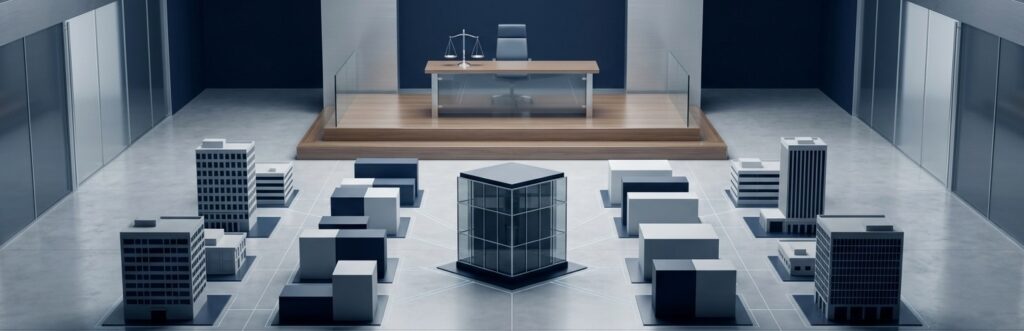 modern, symmetrical corporate hall, with a central elevated platform featuring a balance scale on an executive desk, and stylized miniature city models linked by white data lines on the foreground floor.