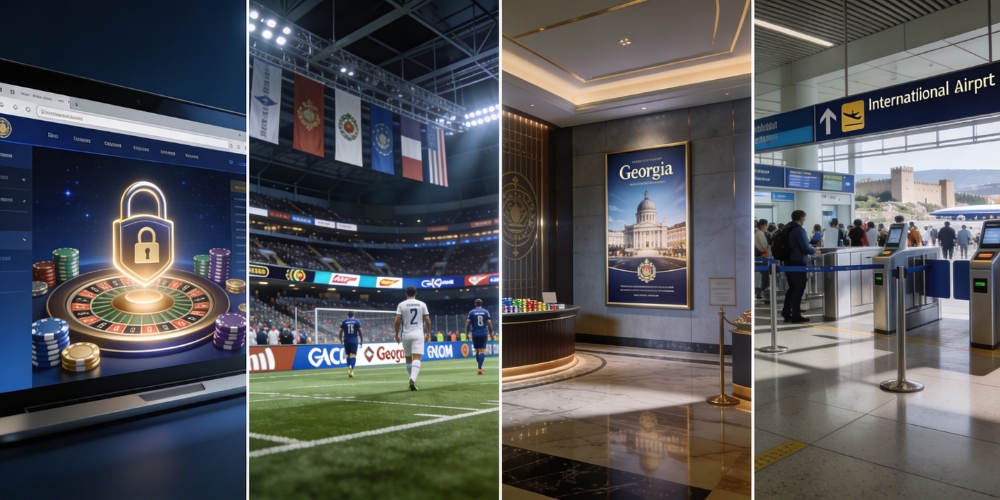 Professional legal-style infographic showing four permitted gambling advertising settings: online platforms, sports sponsorship, venue advertising, and transit points.
