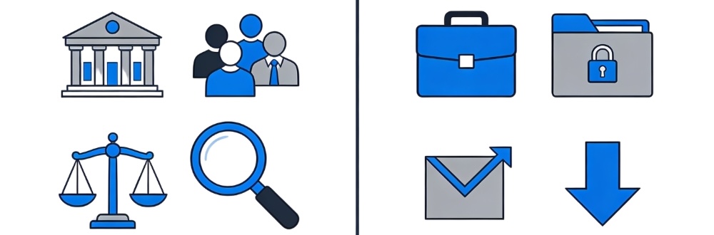 Modern professional graphic abstractly depicting litigation costs structure: icons for court costs on left, out-of-court expenses on right.