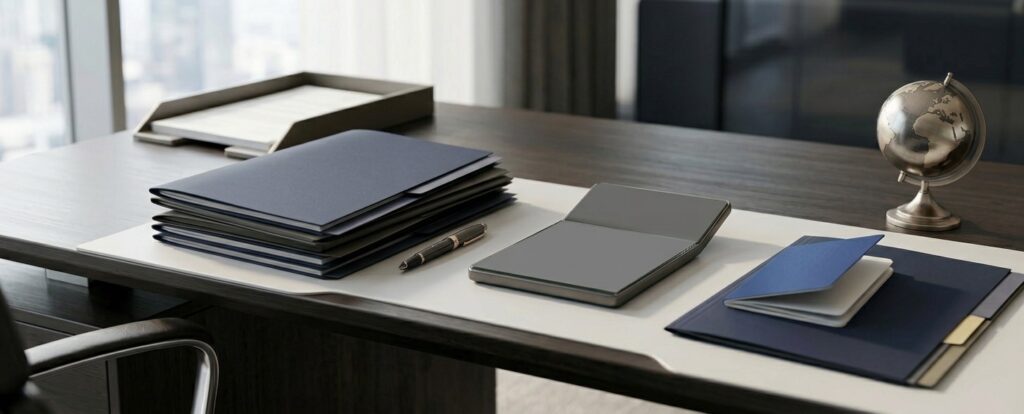 Professional office desk with organized documents, globe, and passport symbolizing tax reporting and international income. 