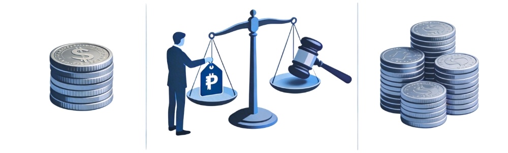 Modern professional graphic abstractly showing dispute value determination: balanced scale with claimant and court valuation icons, multiple claim stacks, and provisional adjustments