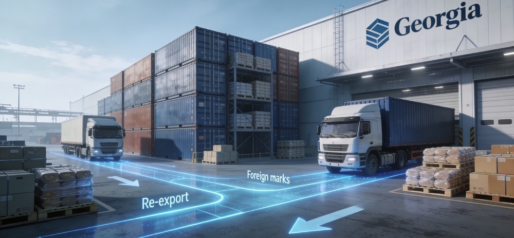 A Georgia logistics warehouse with containers and freight for re-export trade.