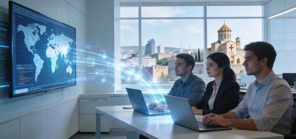 A sleek Georgian IT office with global digital data streams symbolizing software export services
