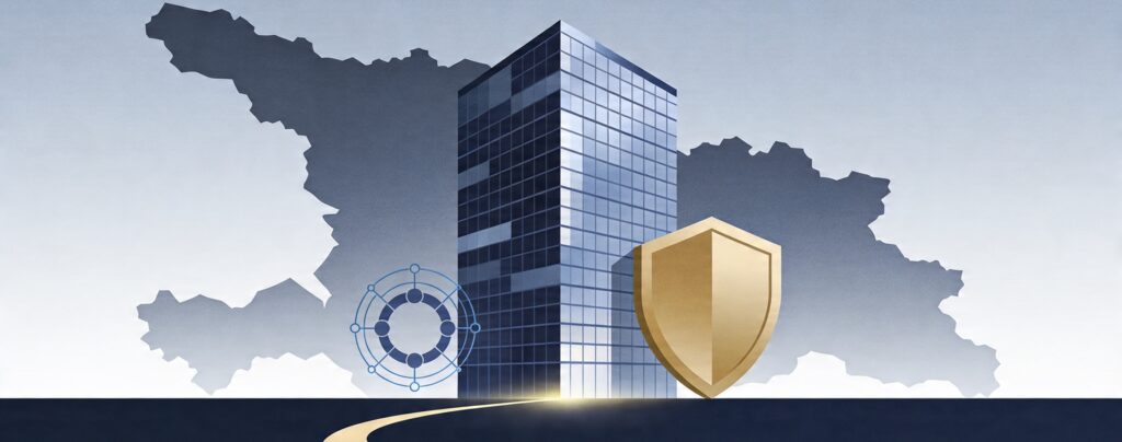 Abstract corporate header with a minimalist outline of Georgia, a modern glass office building, a gold shield icon, and a subtle crypto ring‑node symbol connected by a soft golden line.