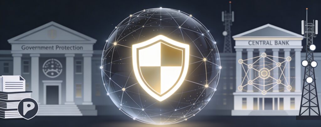 Cybersecurity regulatory framework with data protection, banking, and sector oversight symbols.