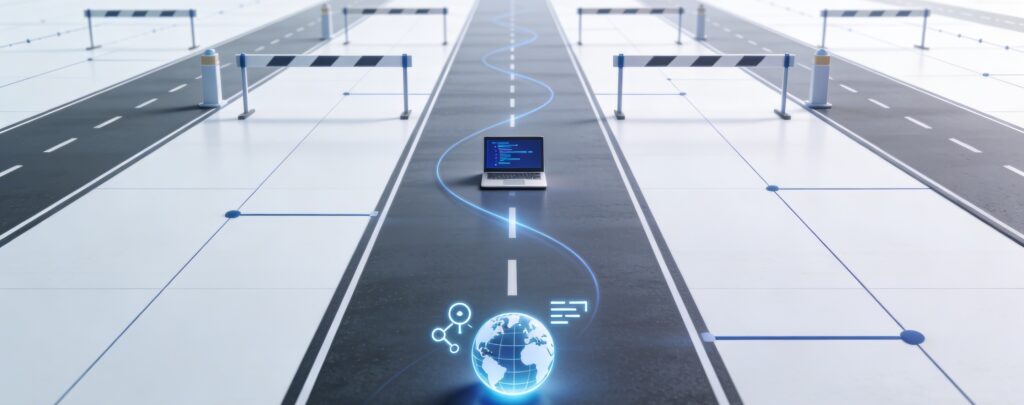Minimalist corporate graphic of streamlined IT permit benefits pathway versus regulatory hurdles.