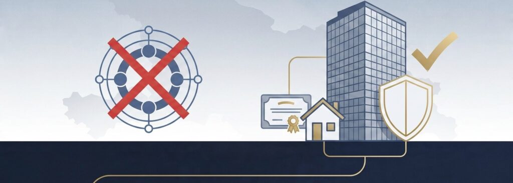 Minimalist graphic showing that only real estate and company shares count as qualifying property for Georgian HNWI tax residency, not crypto held on a Georgian VASP account.