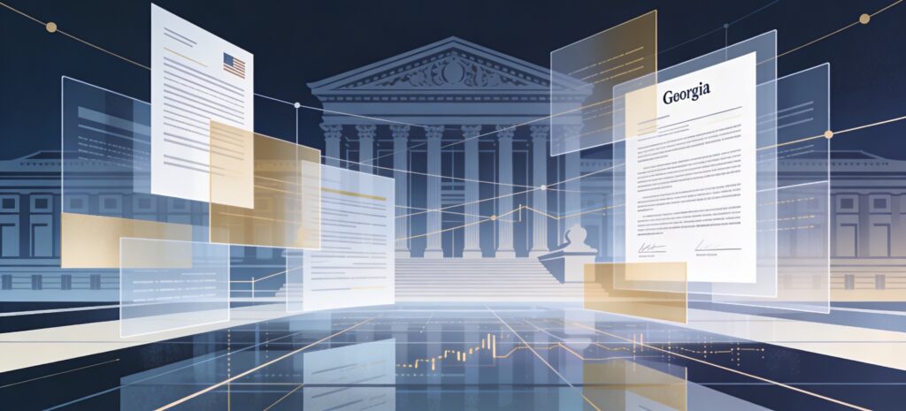 Modern illustration of Georgia’s capital markets regulatory oversight, emphasizing disclosure, compliance, and investor protection.