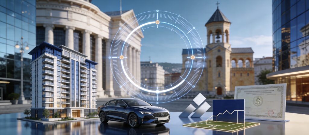 Professional banner showing a house, car, and modern Georgian cityscape in a corporate style.