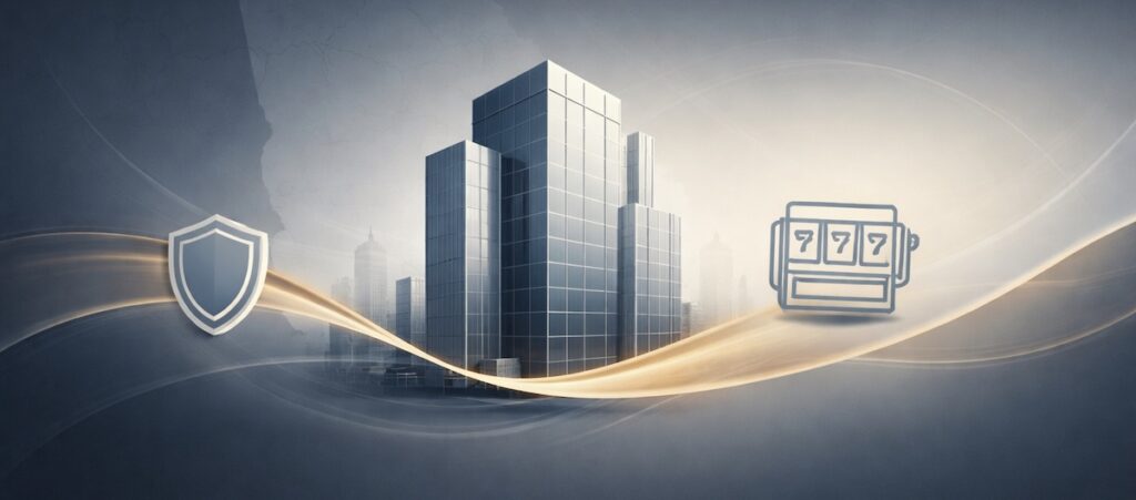 Professional corporate header with abstract Georgia map, modern glass office building, shield icon, and minimal gambling symbol connected by a gold ribbon in a navy and gray-blue palette.