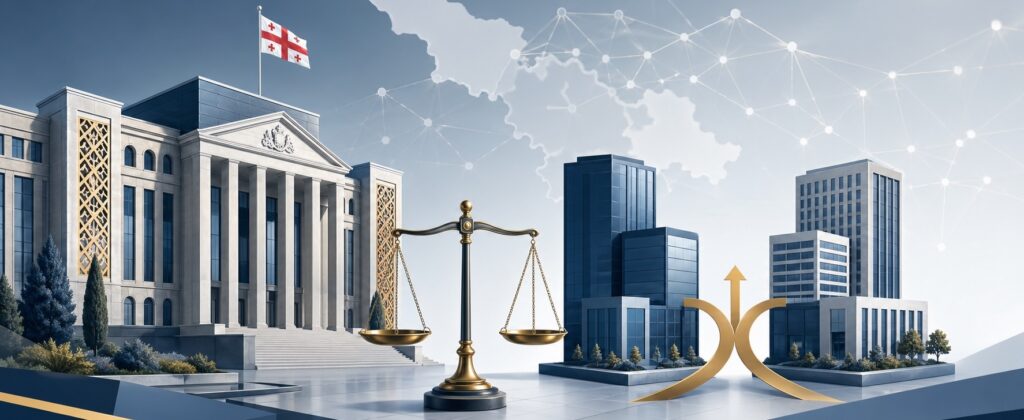 Professional legal banner showing a courthouse, balance scale, and merged business icons.