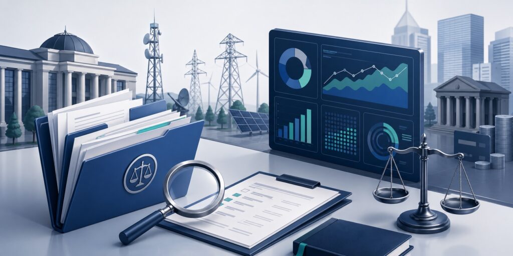 Regulatory review scene with documents, analysis icons, and a balance scale
