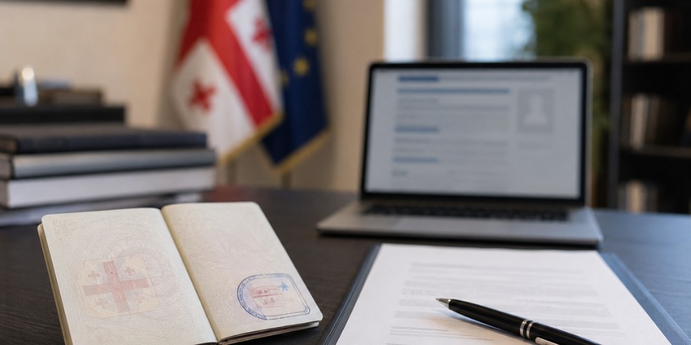 Open passport with a visa stamp, signed document and pen on a desk, with a blurred laptop and Georgian flag in a modern government office.